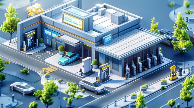 an isometric 3D Smart Gas Station building with a focus on innovative fueling solutions and smart technologies. with a dynamic architectural design . with  IoT-connected fuel pumps .
