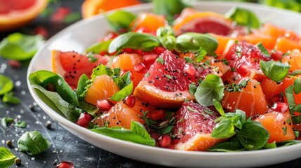 a close up of a plate of food with grapefruit, oranges, and spinach on a table.