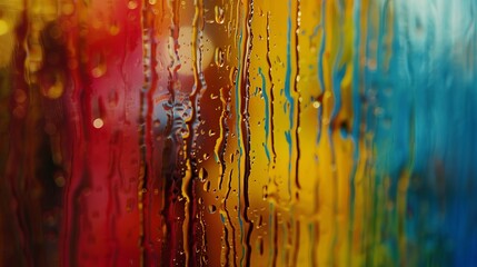 Close-up of a rainy day via a window showing water falling off glass against a hazy, colorful background
