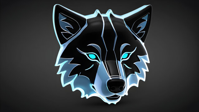 wolf head in blue. head of wolf.  glassy a animal wolf emoji on black background. wolf cartoon
