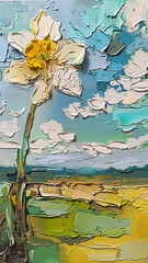 daffodil close-up vertical oil painting, home poster decor, impasto, printable interior wall art