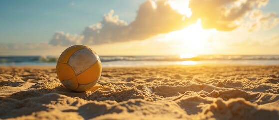 Tennis ball on the beach in the rays of the setting sun. Vacation Concept. Sport Concept with Copy...