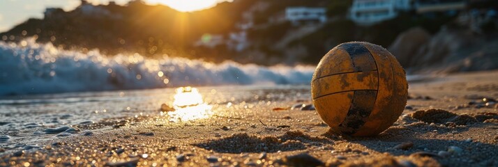 Old volleyball ball on the beach in the rays of the setting sun. Vacation Concept. Sport Concept...