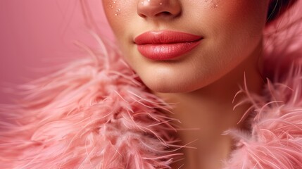a close up of a woman's face wearing a pink coat and glitters on her eyes and lips.