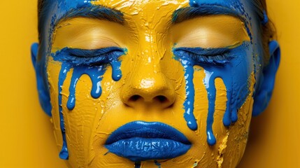 a woman's face with blue and yellow paint on her face and her eyes covered in blue and yellow paint.
