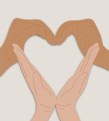 Inspire inclusion concept with diverse women hands making heart gesture for International Women's day. IWD 2024 composition ideal for print, card, sticker. Vector illustration