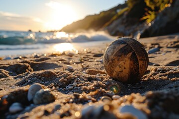 Old beach ball on the beach at sunset. Selective focus. Vacation Concept. Sport Concept with Copy...