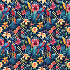 A lively jungle scene with exotic flowers seamless pattern background