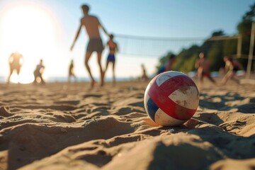 volleyball on the sand on the beach in the rays of the setting sun. Vacation Concept. Sport Concept...