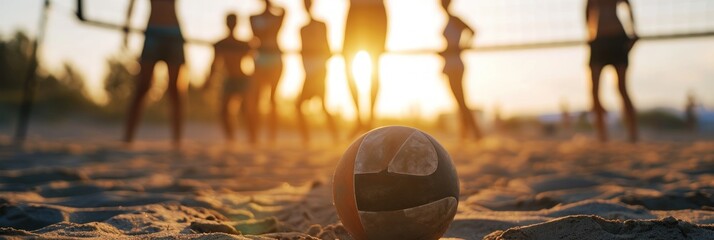 volleyball on the sand of the beach against the background of the sunset. Vacation Concept. Sport...