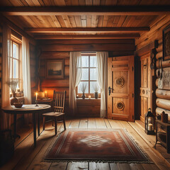 wooden house  interior, room, window, house, table, chair, architecture,Ai generated 