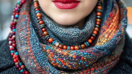 Obraz premium a close up of a woman's face wearing a multicolored knitted scarf and a red lipstick.