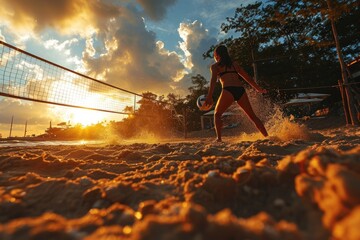 Young woman playing volleyball on the beach at sunset. Female volleyball player. Vacation Concept....
