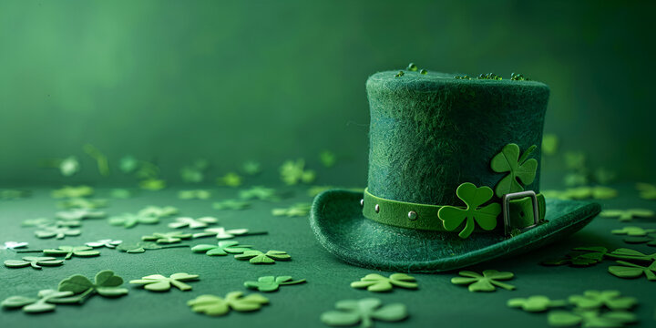 Patrick's Day, green holiday hat, leprechaun hat, clover leaves, bokeh effect, Irish shamrock, golden glow, magic and luck Pro Photo.