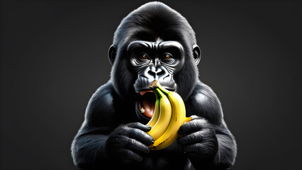 an animal gorilla-eating banana emoji on a black background. gorilla cartoon.