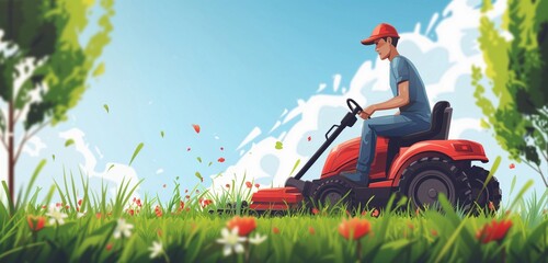 Illustration of a man mowing the lawn on a riding mower. Side view, mowing a spring lawn. Banner with a lawn tractor. - obrazy, fototapety, plakaty