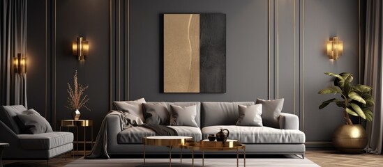 This image showcases a well-furnished living room with a grey wall adorned with a gold curtain hanging as a beautiful vertical banner.