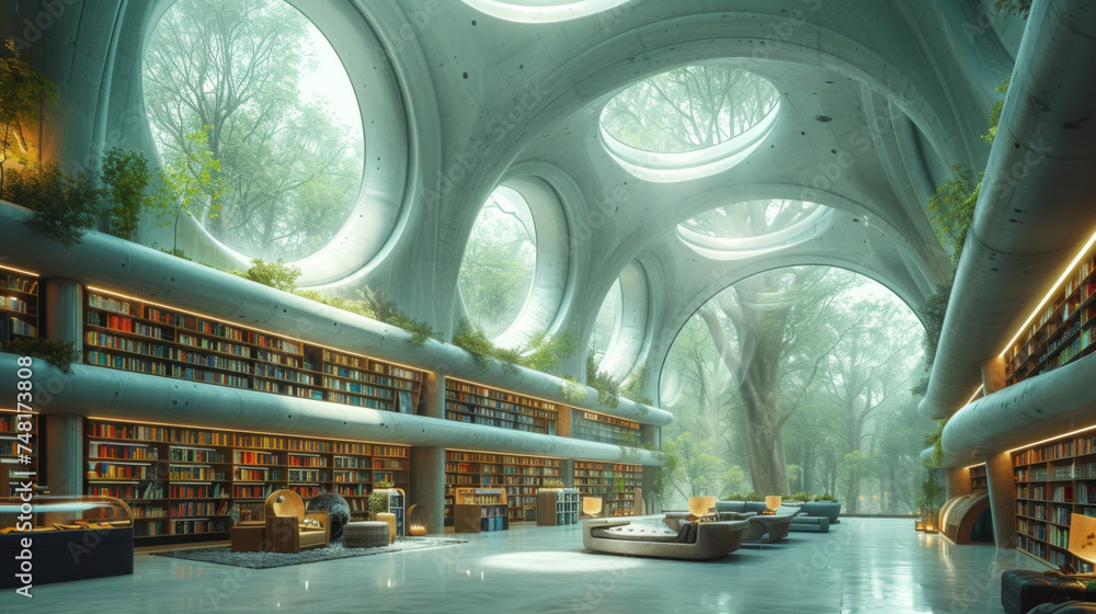 Poster a futuristic library stocked with books each representing a different aspect of financial education 