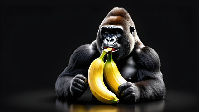 an animal gorilla-eating banana emoji on a black background. gorilla cartoon.