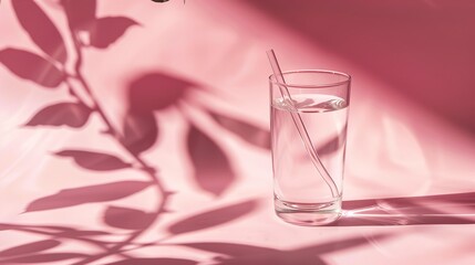 Conceptual summertime image featuring a straw-filled empty glass beverage set against a pink background with a shadow of a plant