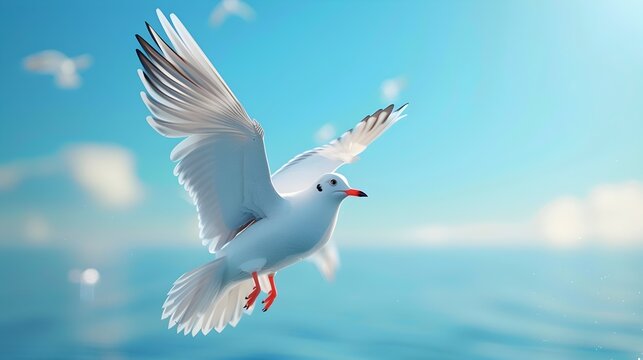 White Bird Flying Across Blue Ocean in Cartoon Realism