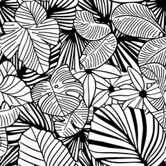 Black and White Line Drawing of Flowers and Leaves Suitable for Coloring Page or Book, Repeating Pattern