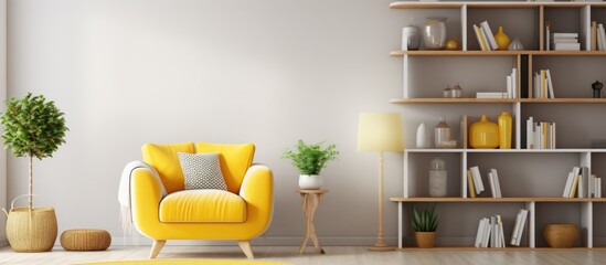 A corner of a stylish living room featuring white and yellow walls, a wooden floor, large windows, a comfortable sofa, a yellow armchair, a round coffee table, and a bookcase.