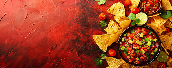 Chips and dip with salsa, cheese, guacamole and sour cream on red background Top view space to copy.