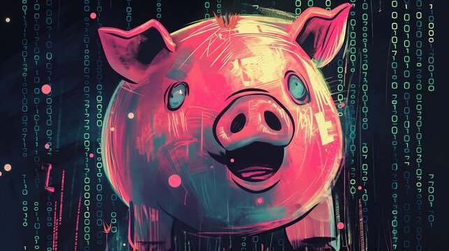 Financial Pig Butchering Scam Concept. A Pig with a wall full of decimals.