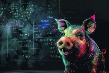 Financial Pig Butchering Scam Concept. A Pig with a wall full of decimals.