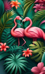 Fototapeta premium Flamingos wallpaper design among tropical leaves and flowers, Generative AI