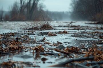 Fototapeta premium A gloomy, rain-soaked riverbank with scattered leaves and branches.