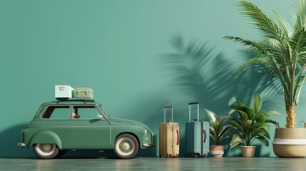 A vintage car packed for a journey with suitcases against a green backdrop.