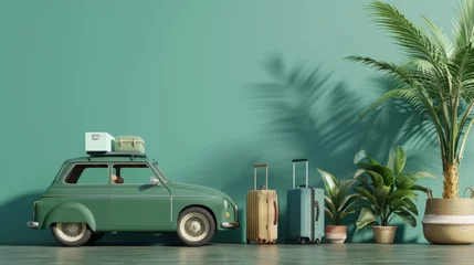 Deurstickers A vintage car packed for a journey with suitcases against a green backdrop. © Sandris