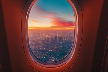 A breathtaking view of a cityscape at sunset through an airplane window with vibrant colors painting the sky.