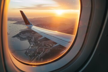 A stunning view from an airplane window of a cityscape and ocean at sunset.