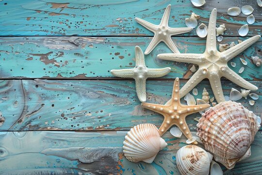 A collection of starfish and seashells on a weathered turquoise wooden surface evoking a beachy atmosphere.