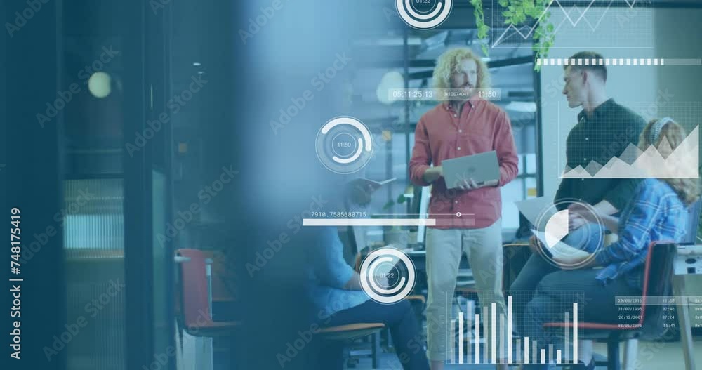 Poster animation of data processing and diagrams over diverse colleagues discussing work