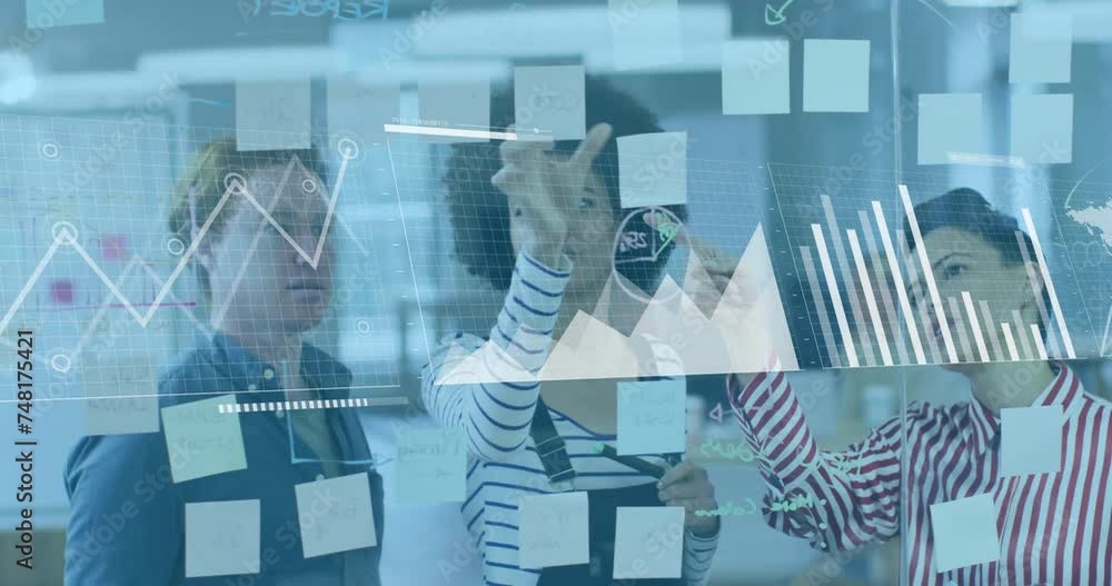 Poster animation of data processing and diagrams over diverse colleagues discussing work