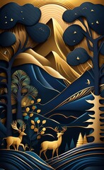 Dark blue mural wallpaper from the contemporary era Christmas tree, mountain, deer, birds, and waves of gold on a dark blue backdrop depicting a jungle or forest, Generative AI