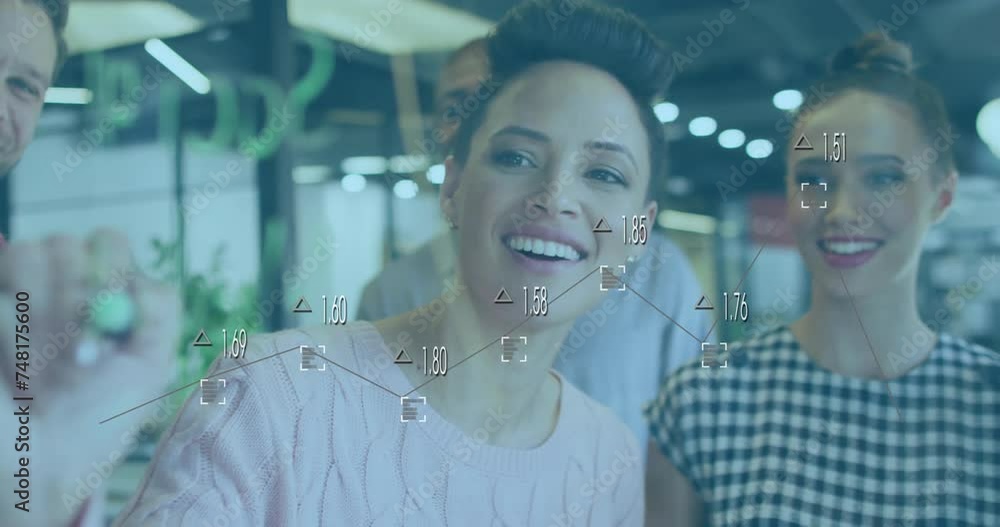 Poster animation of data processing and diagrams over diverse colleagues discussing work