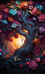 3d wallpaper. mural tree with flowers . Abstract floral background, Generative AI