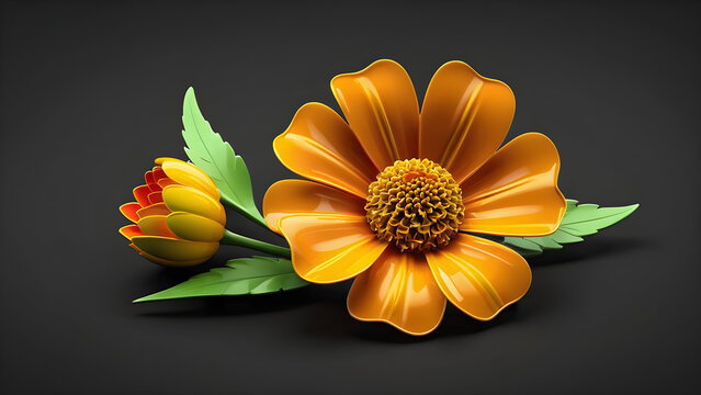 a flower marigold emoji on black background. Valentine's day. women's day, mother's day celebration. greeting card Copy space.  marigold flower.