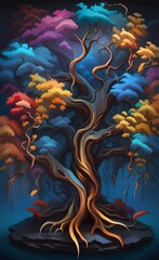 Colorful tree with leaves on hanging branches of blue, white and golden illustration background. 3d abstraction art. floral tree with multicolor leaves, Generative AI