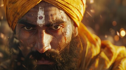 A ed Sikh warrior bravely continues fighting refusing to let his injuries slow him down. He is a symbol of resilience and determination inspiring his fellow warriors to keep - obrazy, fototapety, plakaty
