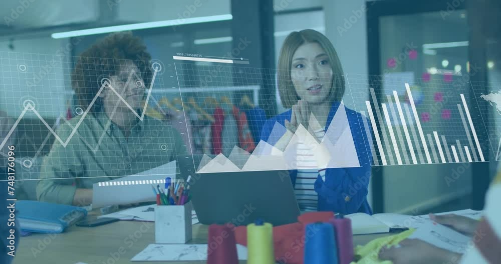 Poster animation of data processing and diagrams over diverse colleagues discussing work