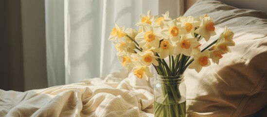 A vase filled with fresh yellow narcissus flowers rests on a neatly made bed in a cozy bedroom setting. The bright flowers bring a pop of color to the room.