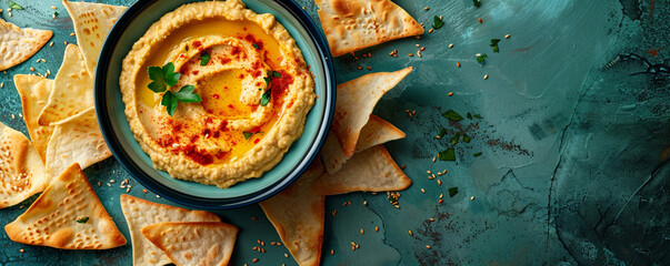 Creamy avocado hummus in a ceramic dip bowl surrounded by pita chips on a turquoise surface Top view space to copy.