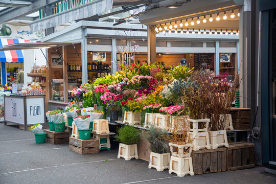 Dusseldorf - Germany - February 15, 2024,  Florist flower stall at Carlsplatz market - outdoor venue with stalls selling produce, flowers, meat and street food