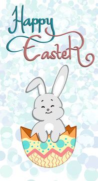 cute easter card with bunny in crack egg shell with pattern and colorful background